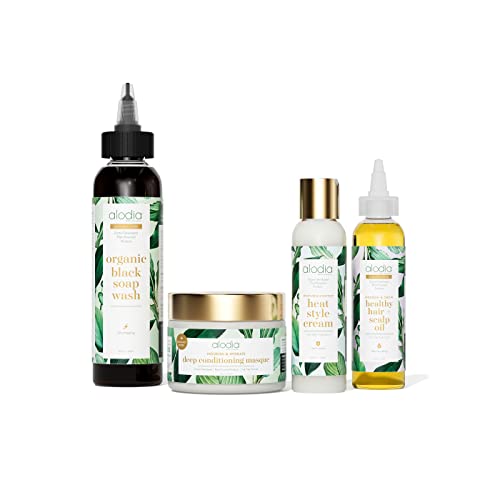 Alodia Heat Style Kit - Heat Protectant Set - Includes 4 oz Nourish & Grow Healthy Hair and Scalp Oil, 8 oz Nourish & Heal Organic Black Soap, 4 oz Heat Style Cream, 12 oz Deep Conditioning Masque