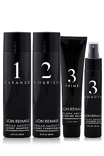 Jon Renau Human Hair Full 5 Pc. Kit, Shampoo, Conditioner, Blow Dry Balm, Smooth Treatment, and Wide Tooth Comb
