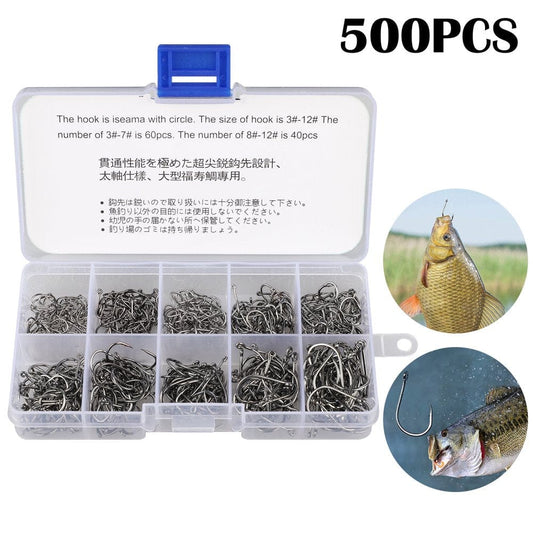 500Pcs Fish Hooks, Eeekit 10 Sizes Fishing Black Silver Fishing Hooks Sharpened with Box Fishing Tackle Set, High-Carbon Steel Fishing Hook for Saltwater Freshwater