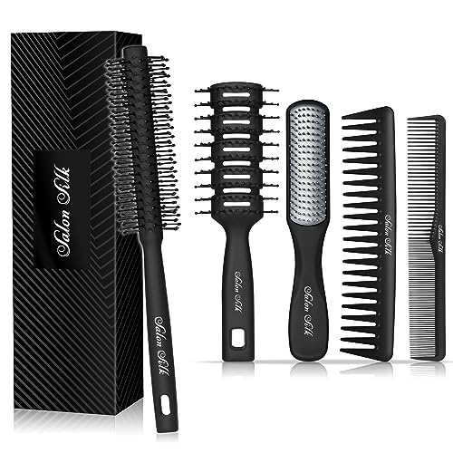 SalonSilk Hair Brush for Men, 5Pcs Men Hair Brush Professional Styling Comb Set for All Hair Types and Styles, No More Tangle Hairbrush for Dry or Wet Pick Barber Brush Tools