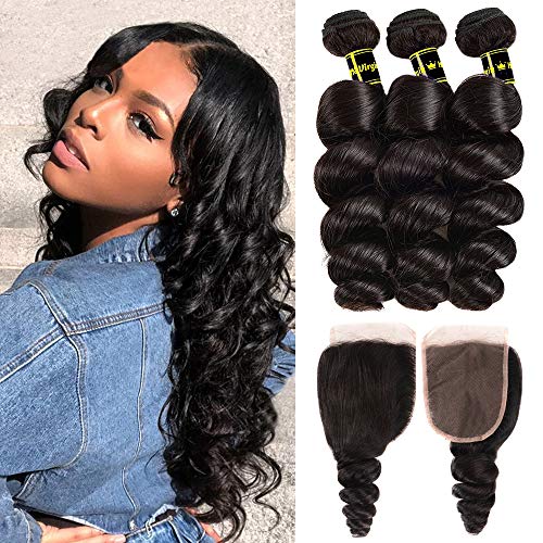 Brazilian Virgin Hair Loose Wave Bundles Human Hair 100% Unprocessed Loose Wave 3 Bundle with Free Part Closure (10 12 14+10) Human Hair Extensions Natural Color