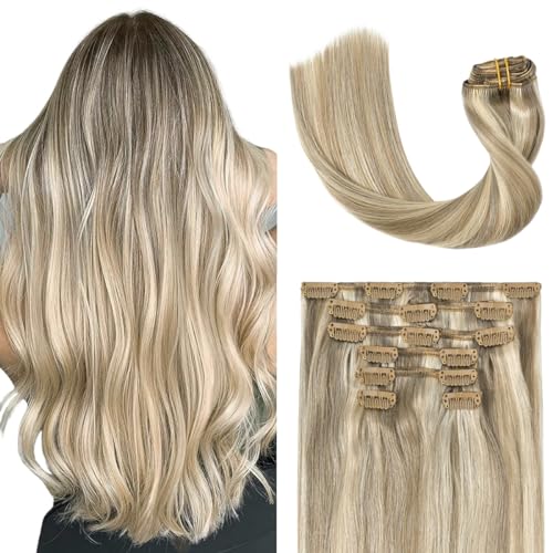 UGOTRAYS Blonde Clip in Hair Extensions Real Human Hair - 20 inch 70g Ash Blonde Mixed Bleach Blonde Straight 7pcs Double Weft - 100% Remy Human Hair Extensions #18p613 20in