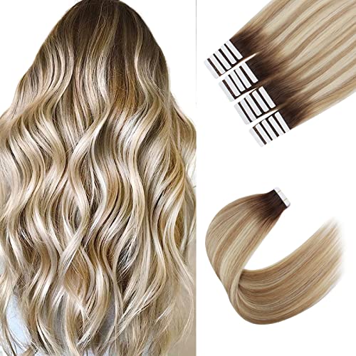 Sixstarhair Human Hair Tape In Hair Extensions Root Walnut Brown Fading to Ash Brown Mixed with Beach Blonde Beautiful Ash Color Remy Human Hair Extensions 20 Pieces [Color R3-8P613# 18inch]