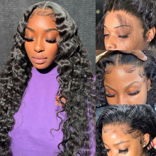 26 Inch Deep Wave Lace Front Wigs Human Hair Wigs for Black Women Frontal Wigs Human Hair with Baby Hair Natural Hair Line 150% Density Glueless Curly 13x4 HD Lace Front Wigs Human Hair Pre Plucked
