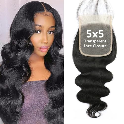 5x5 Transparent HD Lace Closure Only Body Wave Hair Closure Invisible Lace 100% Unprocessed Virgin 12A Brazilian Human Hair Pre Plucked With Baby Hair Natural Color 16 Inch