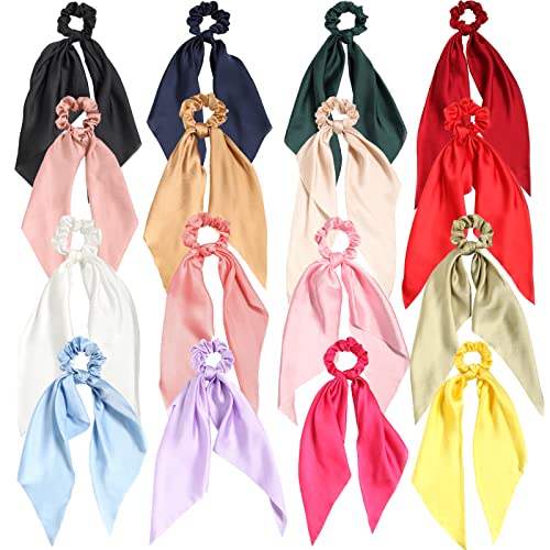 SUSULU Satin Hair Scarf Scrunchies with Long Tail Bowknot Hair Elastic Ribbon Hair Bands Women Girls Ponytail Holders Hair Accessories Pack of 16pcs Solid Colors