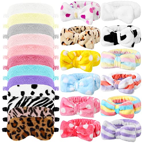 Newcotte 24 Pcs Sleepover Party Supplies for Girls, Includes 12 Pcs Plush Sleep Eye Mask and 12 Pcs Bow Hair Band, Plush Bow Headbands, Fur Face Wash Headband Faux Fur Mask for Women (Colorful Style)