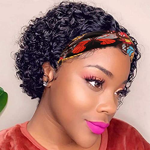 SWEETGIRL Curly Headband Wig Human Hair Wigs for Women Short Curly Bob Headband Wigs Ready to Wear and Go Glueless Half Wig 150% Density Natural Black 6 Inch