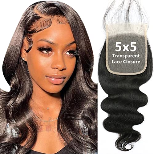 5x5 Transparent HD Lace Closure Only Body Wave Hair Closure Invisible Lace 12A Brazilian Virgin Remy Human Hair Frontal Closure 100% Human Hair Extensions Pre Plucked Natural Black 14 Inch