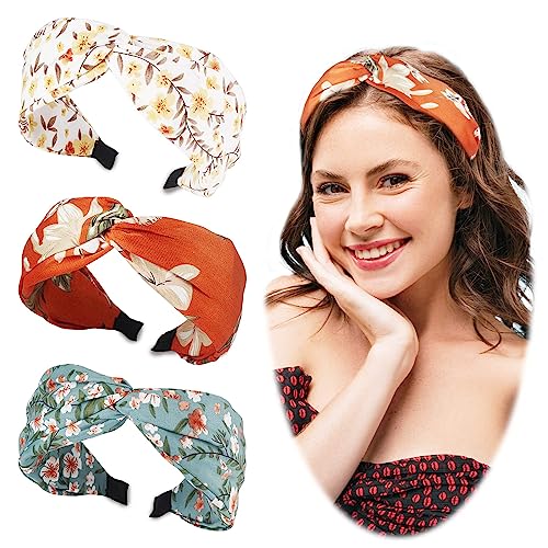Beauty.H.C Headbands for Women, Wide Knotted Headbands, Fashion Flroal Pattern Headbands Chiffon Satin Boho Headbands, Hair Accessories for Women and Girls, Non Slip & One Size (3 PCS)