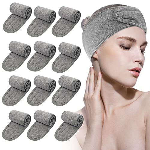 Leaflai Spa Headband, 12Pcs Make Up Wrap Head Terry Cloth Headband Adjustable Towel with Magic Tape Non-slip Stretchable Washable for Face Washing, Bath, Makeup, and Sport (12Pcs Gray)