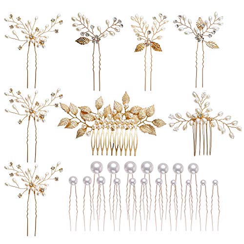 inSowni 26 Pack Gold Wedding Bridal Hair Side Combs+U Shaped Hair Pins Clips Barrettes Leaf Flower Rhinestone Pearl Hair Pieces Updo Accessories Jewelry Headpieces for Women Girls Brides Bridesmaids