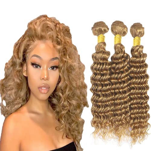 27 Deep Wave Bundles Human Hair Color #27 Bundles Human Hair 12 14 16 Inch Unprocessed Brazilian Virgin Hair 8A Grade Honey Blonde Deep Wave Bundles Soft And Healthy for Women