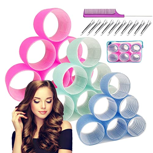 AiOiKi 3'' Extra Large Hair Rollers Set, Jumbo Velcro for Long Hair,30 Packs 3 Sizes with Clips & Comb, Big Self Grip Curlers, Salon Dressing (3''/2.5''/2.2''), Pink Purple yellow