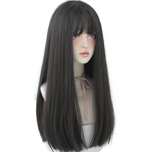 URCGTSA 22 Inches long Hair Wig for Women Black Synthetic Hair Natural Long Straight Wig With Bangs Party Cosplay Wig for Girl (Black brown)