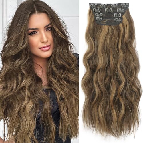 KooKaStyle Clip in Synthetic Highlight Hair Extensions Long Wavy 4PCS Thick Hairpieces Balayage Chocolate Brown to Caramel Blonde Fiber Double Weft Natural Hair Extensions 20 Inch for Women
