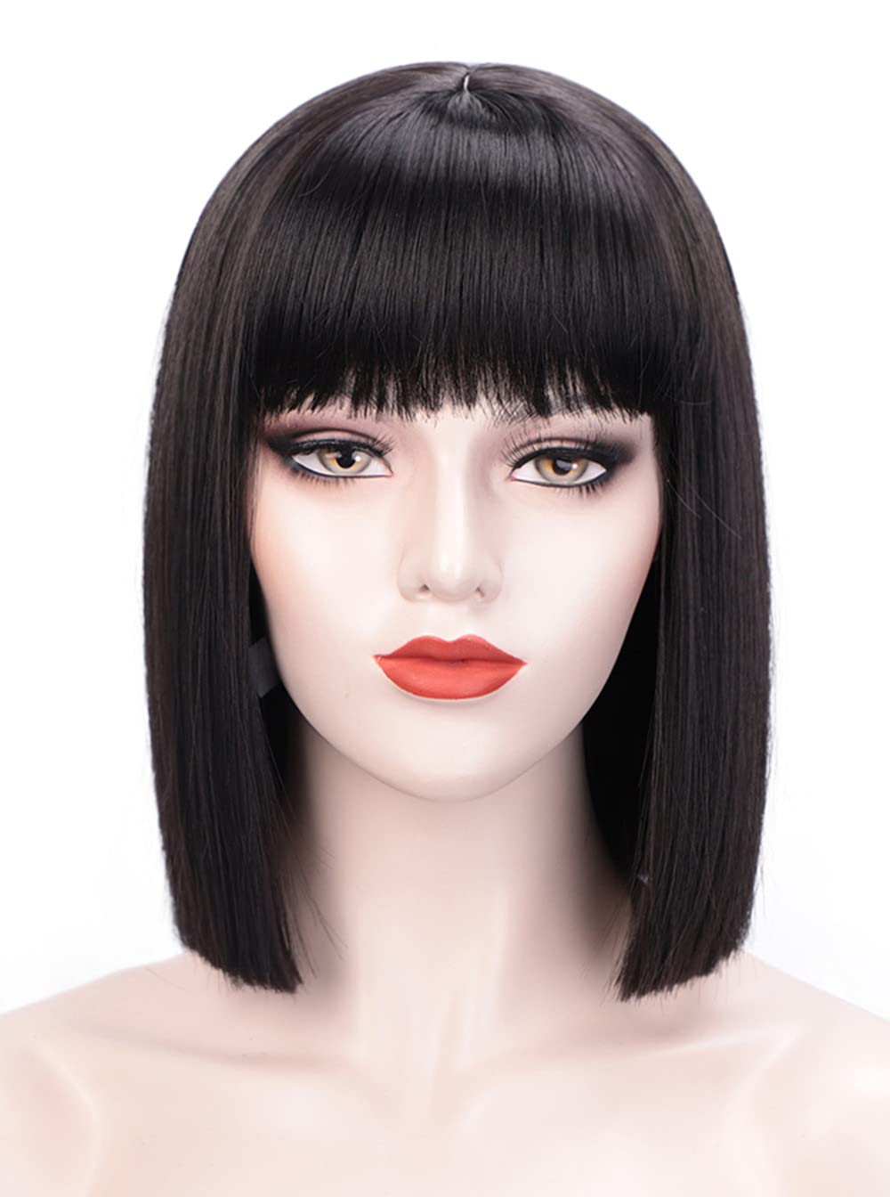Juziviee Short Black Wigs for Women Costume 12'' Black Bob Wig with Bangs Cute Natural Soft Hair Wigs for Daily Party AD016BK1