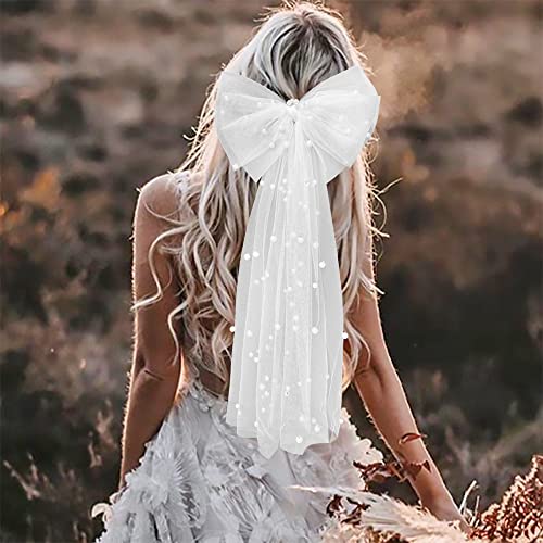 White Hair Bow Bachelorette Veil Pearl Bride Hair Clip Bachelorette Decorations Bridesmaid Favors Bride to Be Bridal Shower Gift