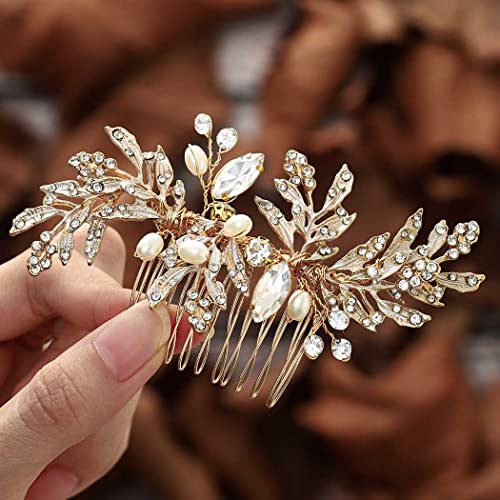 Foyte Crystal Bride Wedding Hair Comb Leaf Bridal Headpieces Rhinestone Hair Pieces Pearl Bridesmaid Side Combs Hair Accessories for Women and Girls (rhinestone)