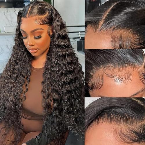 Tixeuo Deep Wave Wear and Go Glueless Wigs Human Hair Pre Plucked Pre Cut for Beginners Deep Wave Lace Front Wigs Human Hair 5x5 Hd Lace Closure Wigs Human hair 180% Density 18 Inch