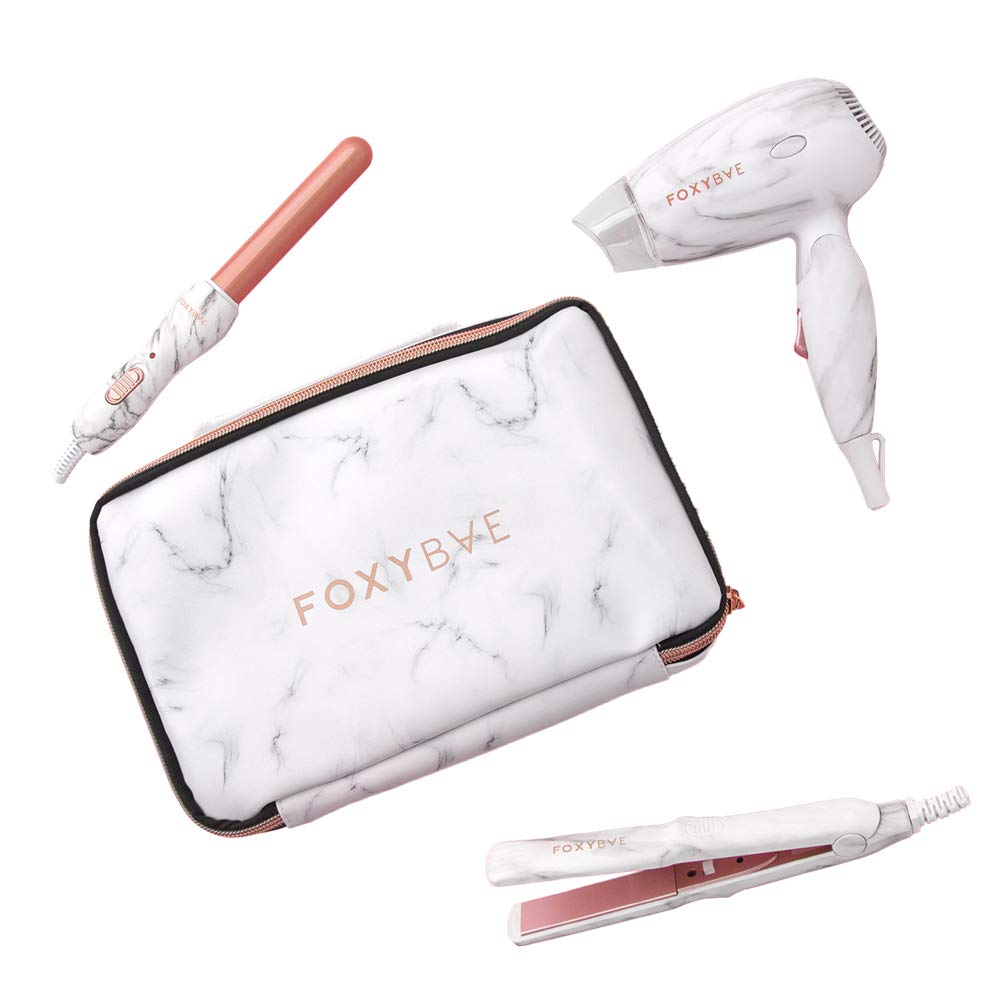 FoxyBae Travel Hair Tools – Includes 1” Mini Flat Iron, 0.75” Travel Curling Iron Mini, Mini Blow Dryer Travel Size & Travel Bag – White Marble Mini Hair Styling Tools