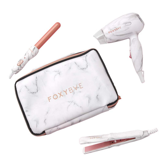 FoxyBae Travel Hair Tools – Includes 1” Mini Flat Iron, 0.75” Travel Curling Iron Mini, Mini Blow Dryer Travel Size & Travel Bag – White Marble Mini Hair Styling Tools