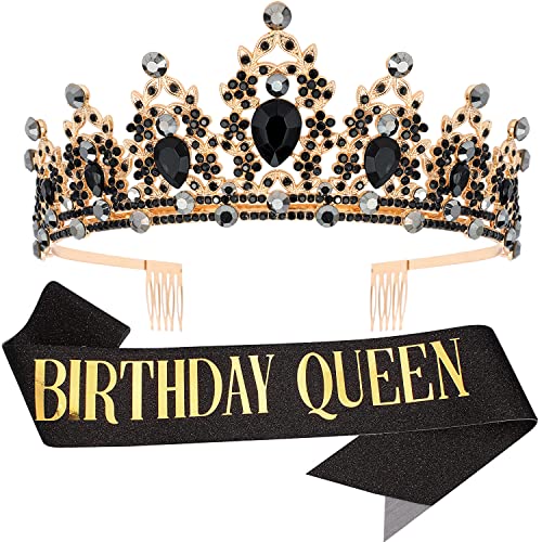 "BIRTHDAY QUEEN" Sash and Tiara for Women Crystal Tiara and Satin Kit for Girl Rhinestones Crown with Comb Glitter Hair Accessories for Prom Party Decoration Cake Topper Accessory Set with Pin