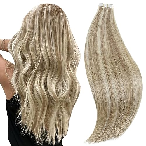 RUNATURE 22 Inch Tape in Hair Extensions Human Hair Long Tape in Extensions Remy Hair Straight Ash Brown Highlight Platinum Blonde Skin Weft Long PU Tape Ins Human Hair Extensions Silky 50g 20pcs