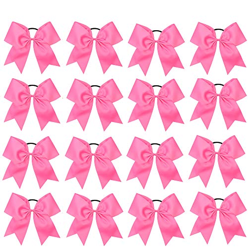 16PCS 8" Large Cheer Hair Bows Ponytail Holder Elastic Band Handmade for Cheerleading Teen Girls College Sports (Hot Pink, 16 Count (Pack of 1))