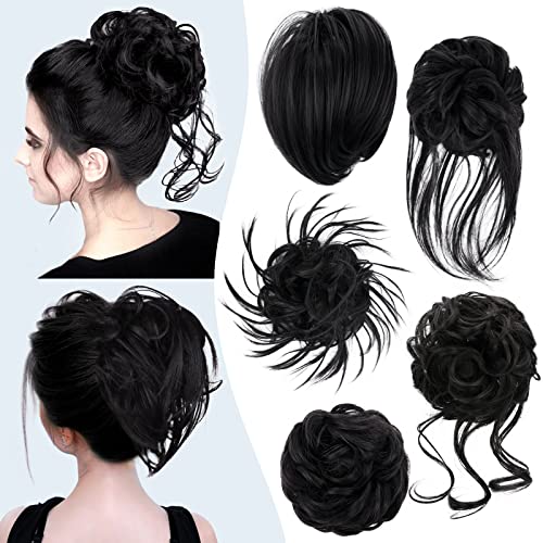 HMD 5 Pieces Messy Hair Bun Hairpiece Tousled Updo for Women Hair Extension Ponytail Scrunchies with Elastic Rubber Band Long Updo Messy Hairpiece Hair Accessories Set for Women （1B）