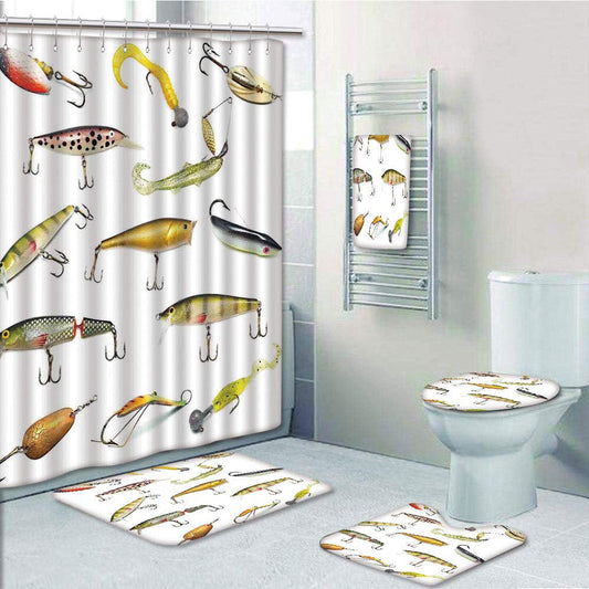 PRTAU Fishing Tackle Bait for Spearing Trapping Catching Aquatic Animals Molluscs 5 Piece Bathroom Set Shower Curtain Bath Towel Bath Rug Contour Mat and Toilet Lid Cover