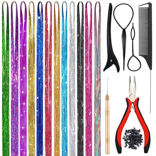 Hair Tinsel Kit With Tool 3200 strands Tinsel Hair Extensions 12 Colors Fairy Hair Tinsel, Sparkling Shiny Hair Tinsel Heat Resistant (Plier+Pulling Needle+Comb+2pcs Tool Loop+100 Dark Beads)