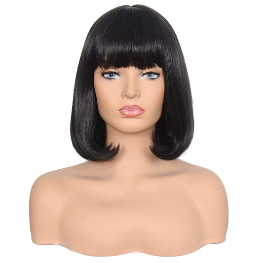 morvally Short Straight Bob Wig Heat Resistant Hair with Blunt Bangs Natural Looking Cosplay Costume Daily Wigs (14", 2# Black)