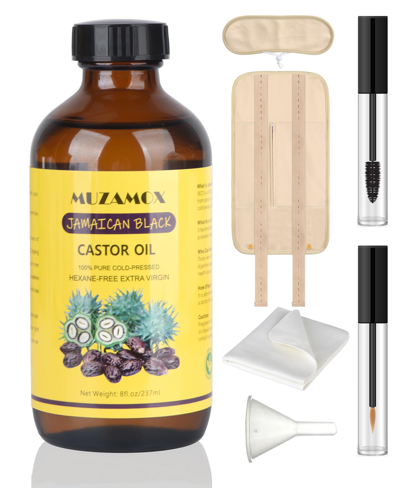 MUZAMOX Jamaican Black Castor Oil Organic Cold Pressed Unrefined Glass Bottle (8fl.oz/237ml) for Hair Growth, Eyelashes and Eyebrows, and Castor Oil Packs for Liver Detox