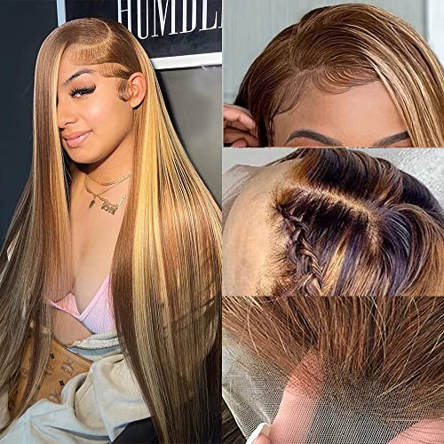 Qeelory Highlight Ombre Lace Front Wig Human Hair Pre Plucked 13x4 4/27 HD Lace Frontal Human Hair Wigs with Baby Hair 180% Density Honey Blonde Straight Lace Front Wigs Human Hair 20 Inch