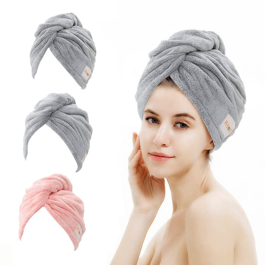 M-bestl 3 Pack Microfiber Hair Towel,Hair Towel Wrap,Hair Drying Towel, 350 GSM Super Absorbent and Lightweight Hair Turban to Dry Hair Faster (Pink&Gray&Gray)