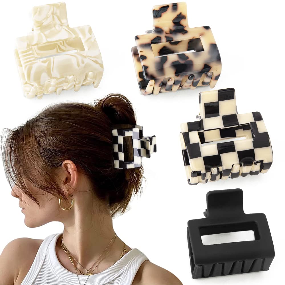 Bmobuo Checkered Hair Clips Claw Clips for Thick Hair Acetate Hair Clips 4Pcs Claw Clips for Thin Hair 2" Hair Clips for Women Small Hair Clips Tortoise Barrettes Hair Accessories for Women
