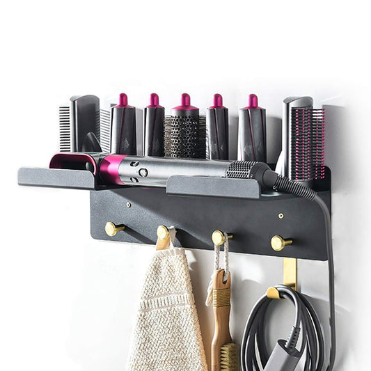 Affogato Wall Mount Holder Adhesive Compatible with Dyson Airwrap Styler, Nail-Free or Perforat to Install, Organizer Rack with Hooks for Curling Barrels Brushes Bedroom Bathroom