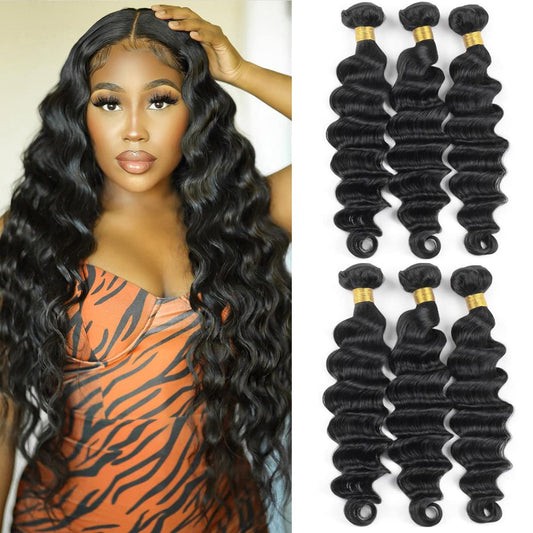 12A Loose Deep Wave Bundles Human Hair 3 Bundles Brazilian Virgin Hair Loose Deep Curly Human Hair Bundles 100% Unprocessed Human Hair Wavy Bundles Natural Color for Black Women(16 18 20 Inches)