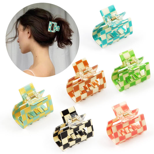 6 Pack Checkered Hair Claw Clips,Multicolored Square Medium Hair Clips, Non-Slip Claw Clips Hair Styling Accessories with Strong Hold for Women Girls Long Short Thin Hair