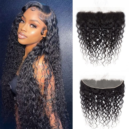 Lace Frontal Closure 13x4 Ear to Ear HD Transparent Lace Frontal Water Wave Brazilian Virgin Human Hair Extensions Frontal Bleached Knots Pre Plucked With Baby Hair Natural Color 18 Inch