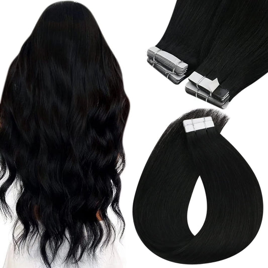 Sunny Black Tape in Hair Extensions Invisible Tape in Hair Extensions Human Hair Jet Black Tape ins Human Hair Black Hair Extensions Real Human Hair 50g 20pcs 24inch