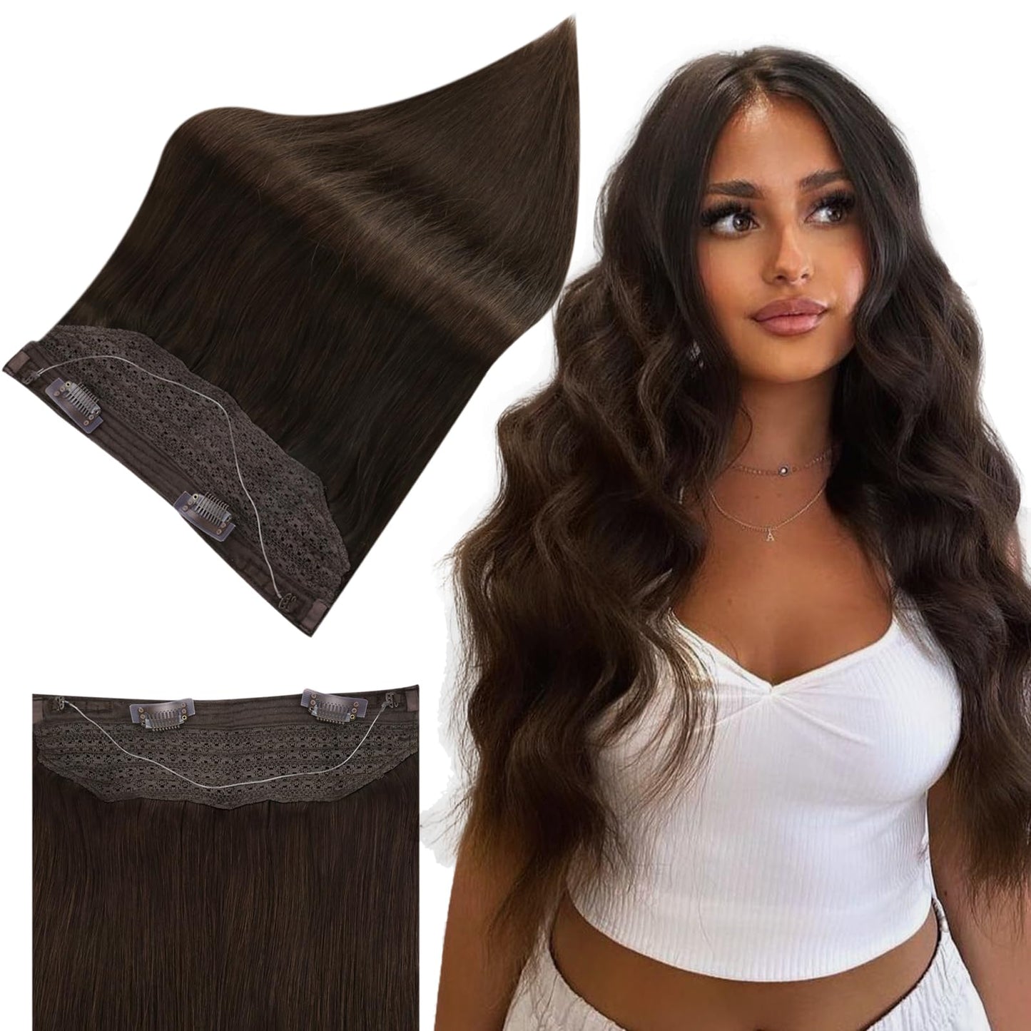 Full Shine Wire Human Hair Extension Brown Hair 90G Fish Line Hair Extensions Straight Hair Invisible Wire Extensions Remy Hair For Women Adjustble Secrets Wire Extensions With 2 Sticky Clips 20 Inch