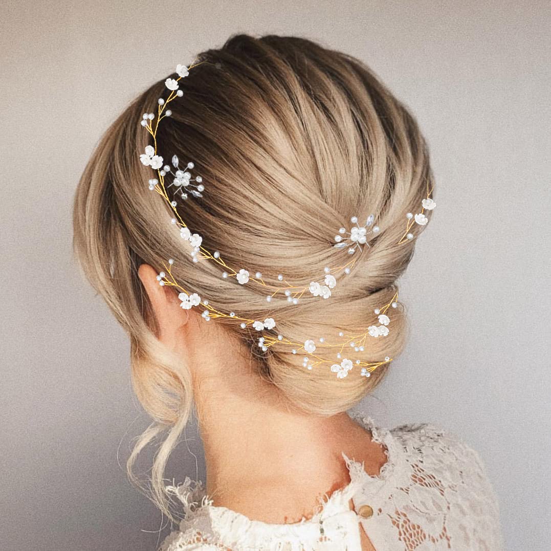 BEAYFILY Bridal Wedding Hair Vine,Extra Long Pearl and Crystal Beads Bride Head Piece,Silver Hair Accessories for Women and Girls (Golden)