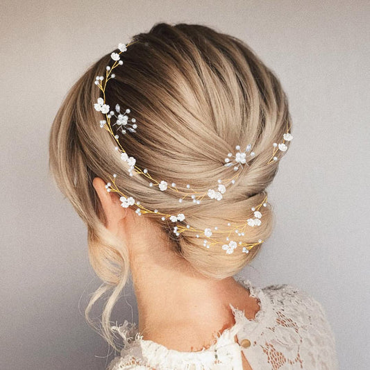 BEAYFILY Bridal Wedding Hair Vine,Extra Long Pearl and Crystal Beads Bride Head Piece,Silver Hair Accessories for Women and Girls (Golden)