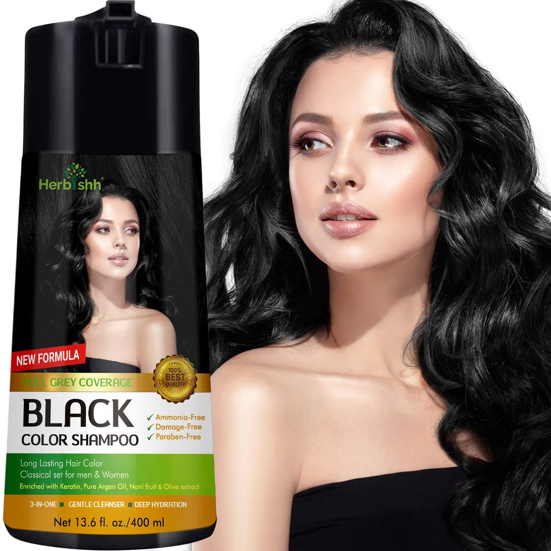 Herbishh Hair Color Shampoo for Gray Hair – Enriched Color Shampoo Hair Dye Formula – Hair Dye Shampoo and Conditioner – Long Lasting & DIY (Black)