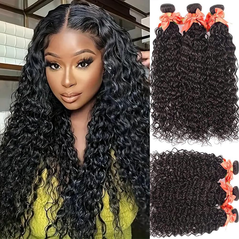 Water Wave Bundles Human Hair 10A Wet and Wavy Bundles Human Hair Virgin Hair Curly Wavy Bundles Human Hair Brazilian Deep Wave 3 Bundles Human Hair Extension (20 22 24Inch) Natural Color