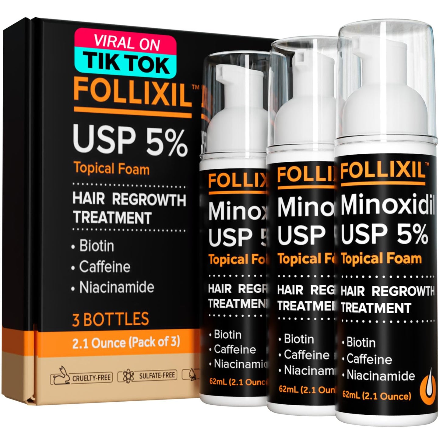 Minoxidil 5% Percent for Men and Women - Hair Regrowth Topical Foam Infused with Biotin, Caffeine and Niacinamide - Anti Hair Loss Treatment For Stronger and Longer Hair - 2.1 Ounce (Pack of 3)