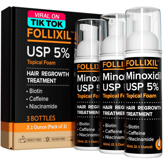 Minoxidil 5% Percent for Men and Women - Hair Regrowth Topical Foam Infused with Biotin, Caffeine and Niacinamide - Anti Hair Loss Treatment For Stronger and Longer Hair - 2.1 Ounce (Pack of 3)