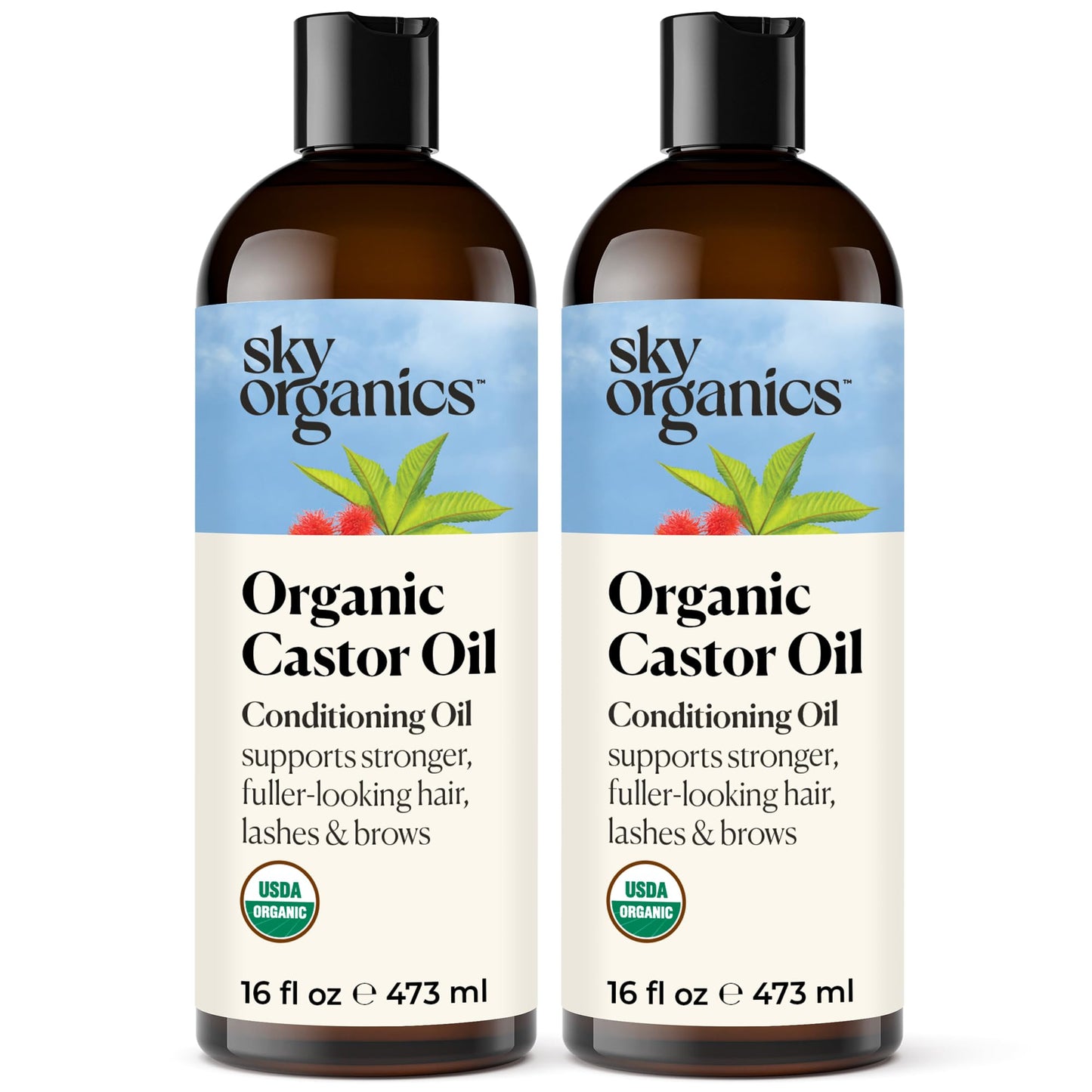 Sky Organics Castor Oil (2x16oz) USDA Organic Cold-Pressed Unrefined100% Pure Hexane-Free Castor Oil Conditioning & Healing For Dry Skin, Hair Growth for Eyelashes & Eyebrows -Use with Castor Oil Pack